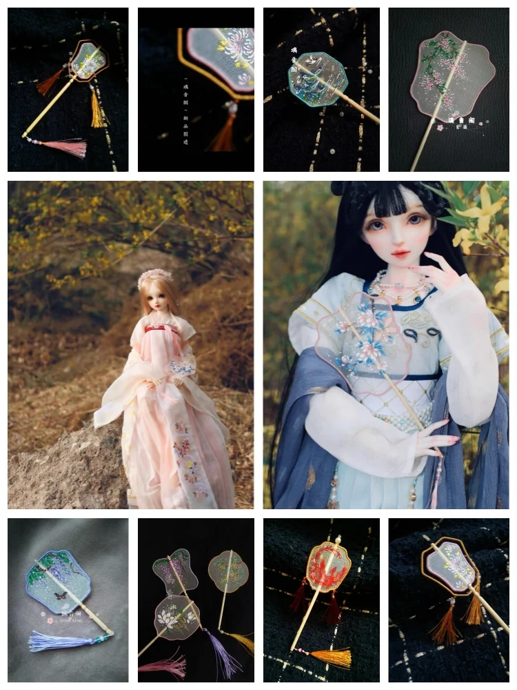 Bjd Doll House Chinese Antique Fan Props Tassel Doll Hand-held Fan Hand Wisteria Lotus Peach Blossom Jade Rabbit Scene Props Fan