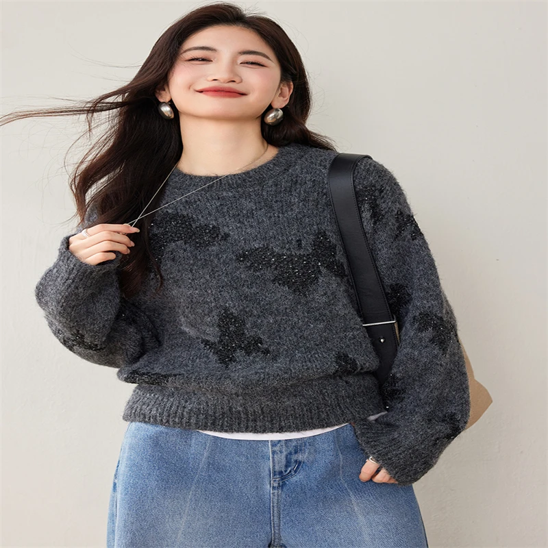 Women's Butterflies Sweater Knitted Pullover Harajuku 90s Y2k Long Sleeves O-Neck Jumper Crop Tops Vintage 2000s Clothes 2024