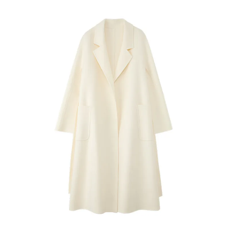 HKSH 2025 Herbst Winter Neue frauen Doppelseitige Wolle Mantel Einfarbig Taschen Gürtel Elegante High-End-dicken Langen Mantel HK15529