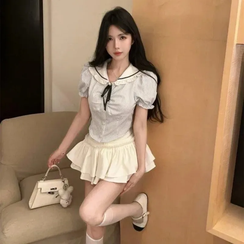 

Women's Striped Peter Pan Collar Puff Sleeve Blouse with Bow Tie and Ruffled Mini Skirt Two Piece Set Kawaii Sweet Outfit