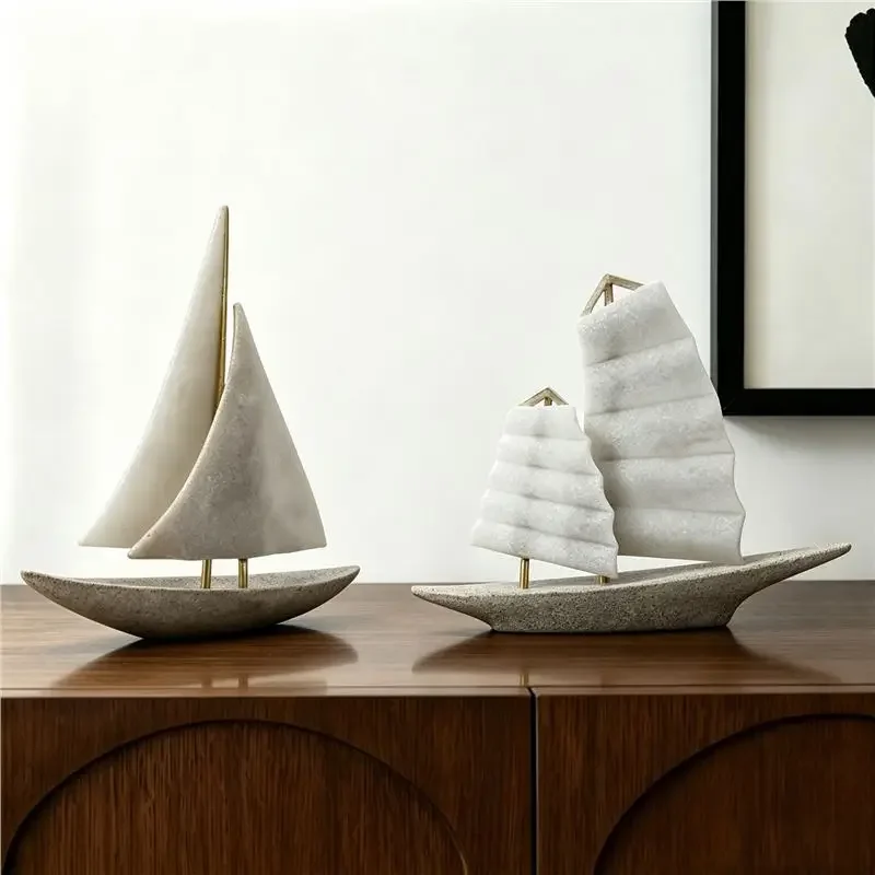 Light luxury sandstone sailboat ornament smooth sailing, modern simple living room TV cabinet entrance decoration