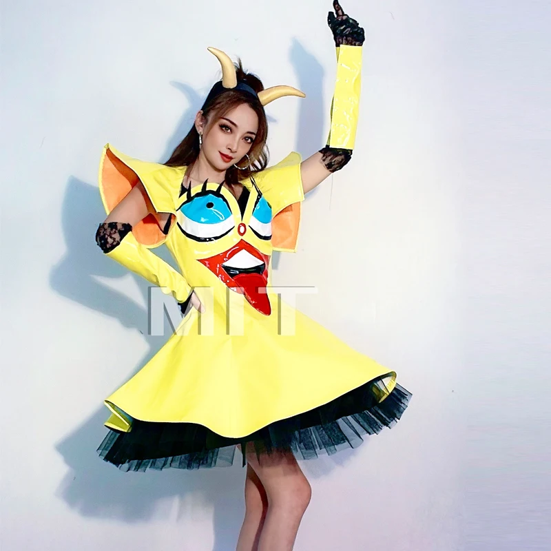 Halloween drôle Performance robe femmes jaune pôle danse robe de soirée Bar discothèque DJ scène Jazz danse Festival tenue XS10492