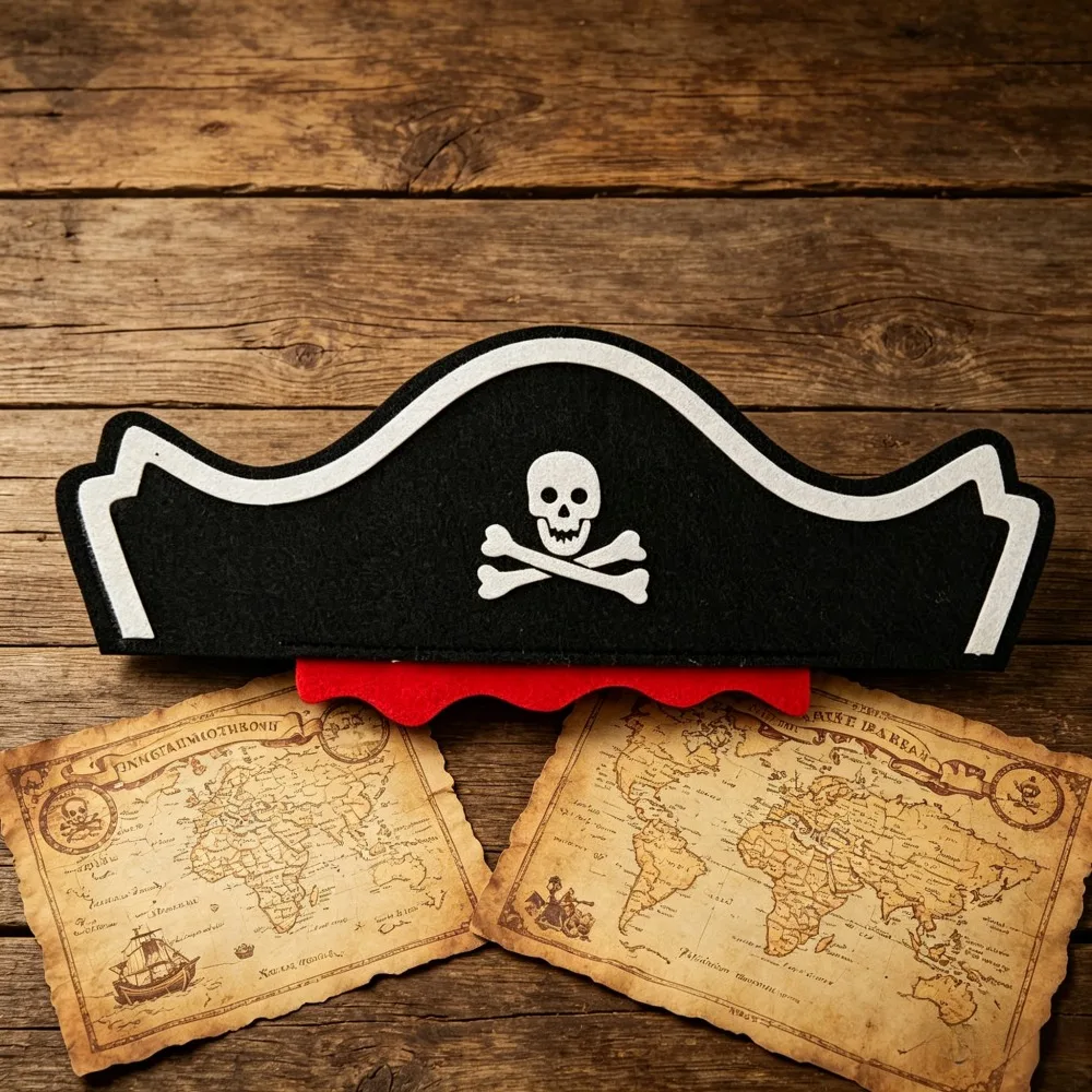 Halloween Pirate Tricorn Hat, Black Felt Skull Pirate Costume Hat, Caribbean Cosplay Party Accessory for Adults Teens, 2 Pairs