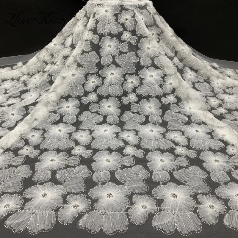 

Hot Spot 5Yards/Lot Heavy Industry Mesh Embroidery Bead Sequin Fabric DIY Wedding Dress Bead Embroidery Lace Fabric Width 125CM