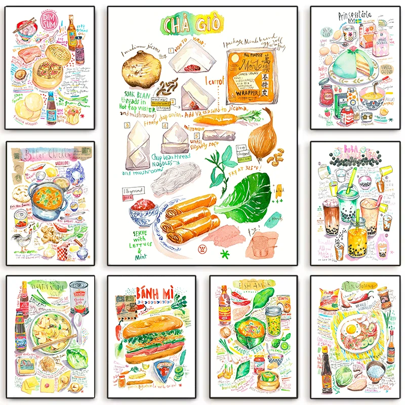 Asian Middle Eastern Chinese Korean Food Recipe Watercolor Canvas Poster Bubble Tea Dan Dan Noodles Hand Drawn Art Home Decor