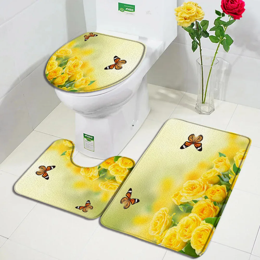 Red Rose Flowers Bath Mat Set Heart Shaped Floral Valentine\'s Day Woman Girl Home Carpet Bathroom Decor Floor Rugs Toilet Cover