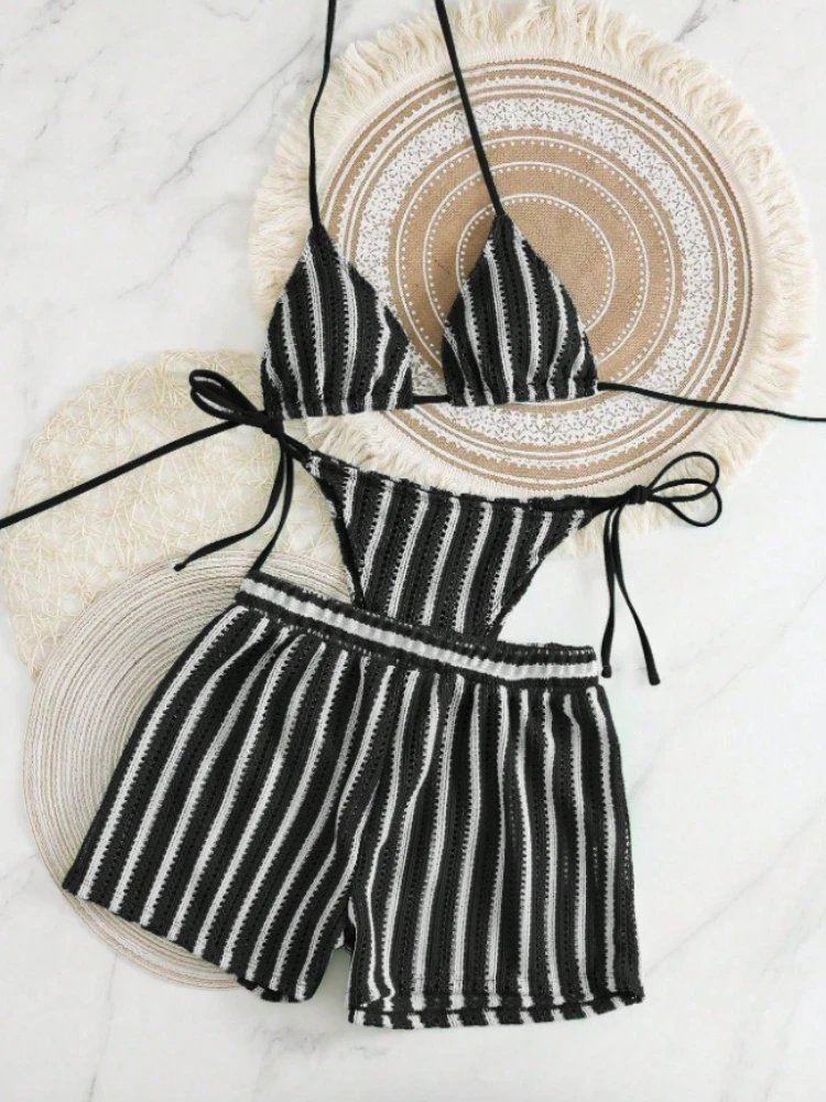 البوهيمي الكروشيه مجموعة البكيني 3 قطعة ملابس السباحة التستر الرباط عطلة الشاطئ الصيف النساء موضة 2025 جديد