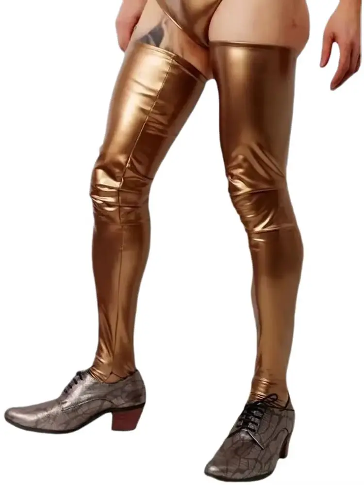 S-3XL Unisex Wet Look PVC Stocking Anti Slip Shiny PU Leather Stocking Over Kness Thigh High Medias Performance Calze Chaussette