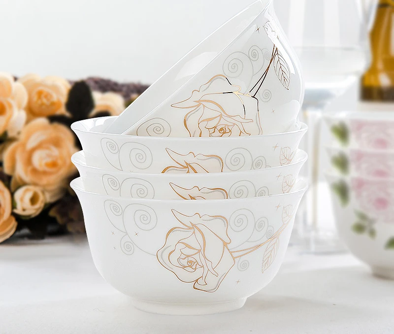 4pc Set, 4.5 Inch, Bone China Rice Bowls, Ceramic Microwave Bowl, Japanese Small Noodle Enemal Golden Rose Porcelain