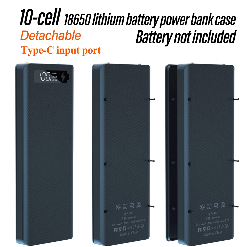 10 Cell 18650 Detachable DIY Power Bank Kit Battery Case LED Power Display Mobile Power Supply Kit QC Fast Charging no Battery