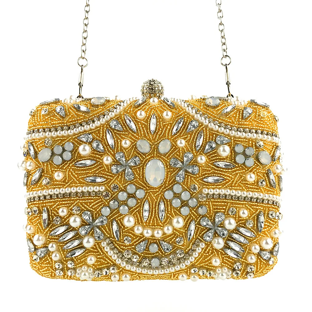 Gorgeous and Shiny Heavy Handmade Diamond-Studded Rhinestones Beaded Flower Pattern Hand Party Wedding Dinner Bag