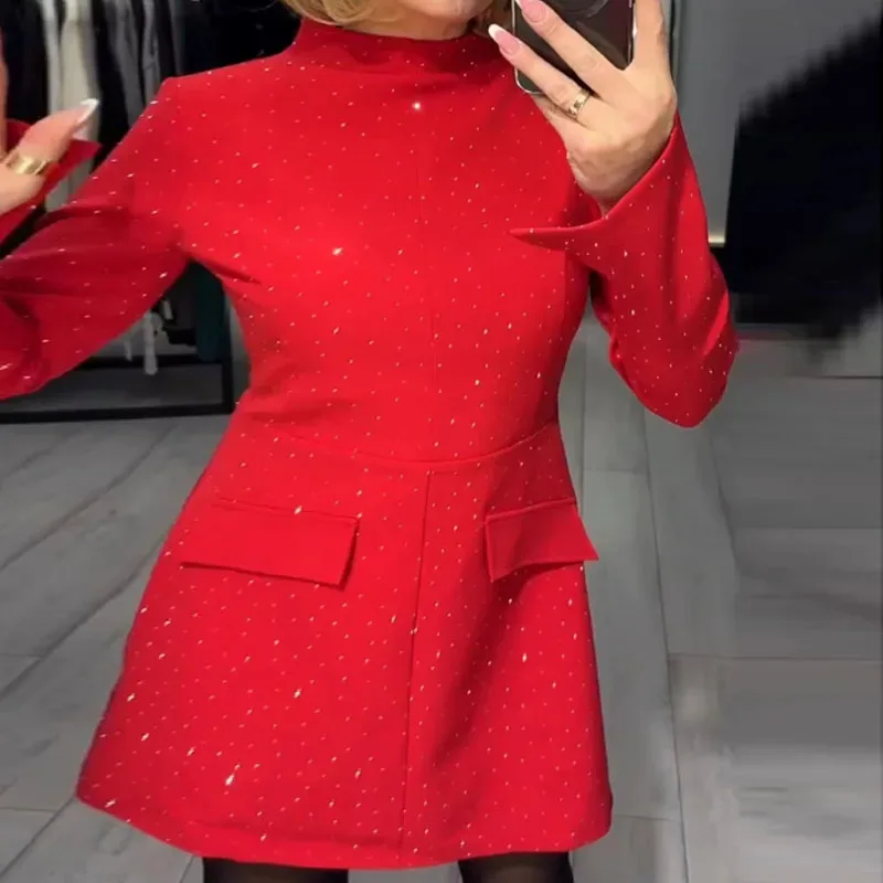 Mini abito sottile scintillante con diamanti alla moda Donna Primavera Elegante O Collo Abito da festa a trapezio Abito autunnale a maniche lunghe con cerniera sui fianchi