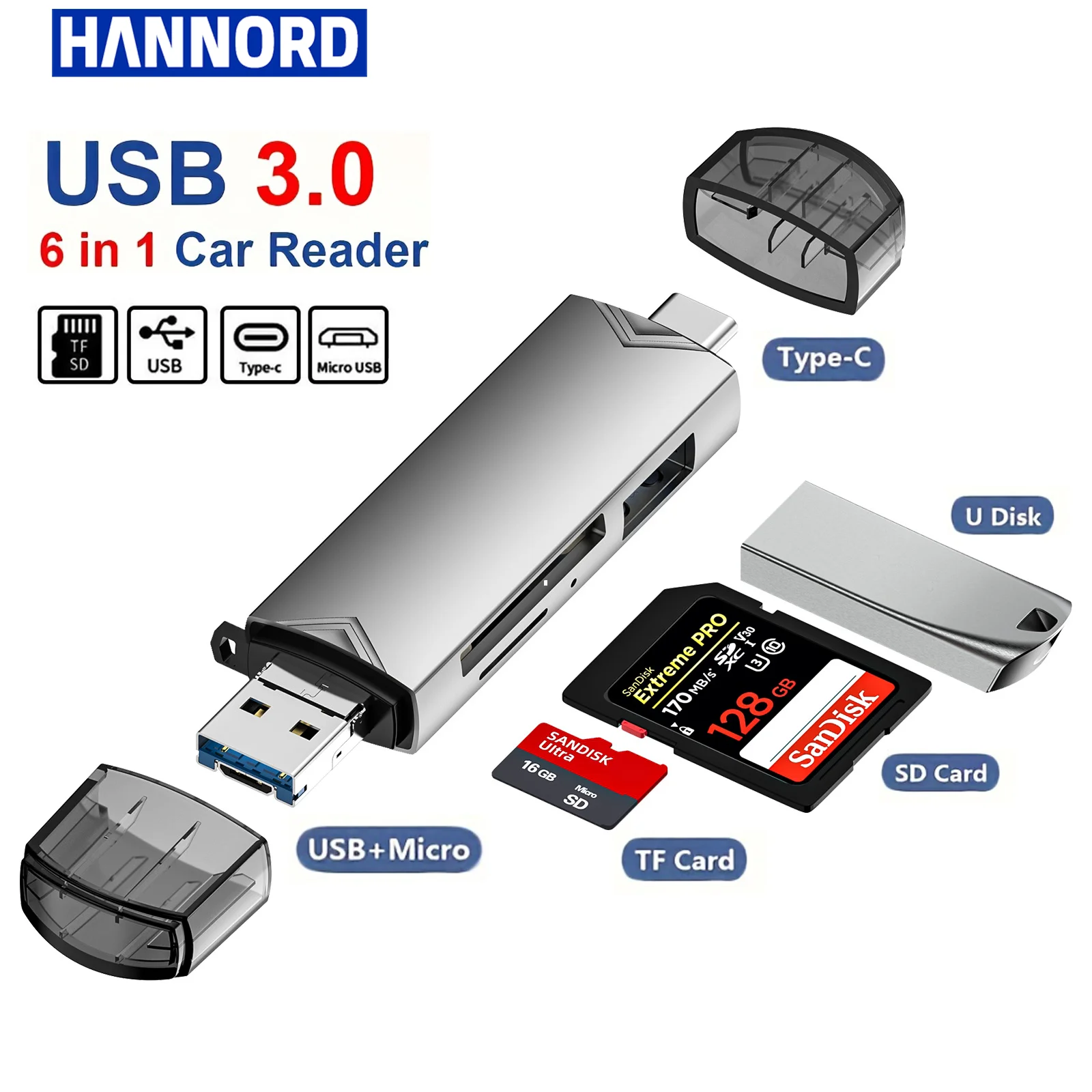 

Hannord 6 in 1 OTG USB3.0 To Type C Micro USB Card Reader SD TF Card Reader Adapter Flash Drive 5Gbps High Speed Transfer