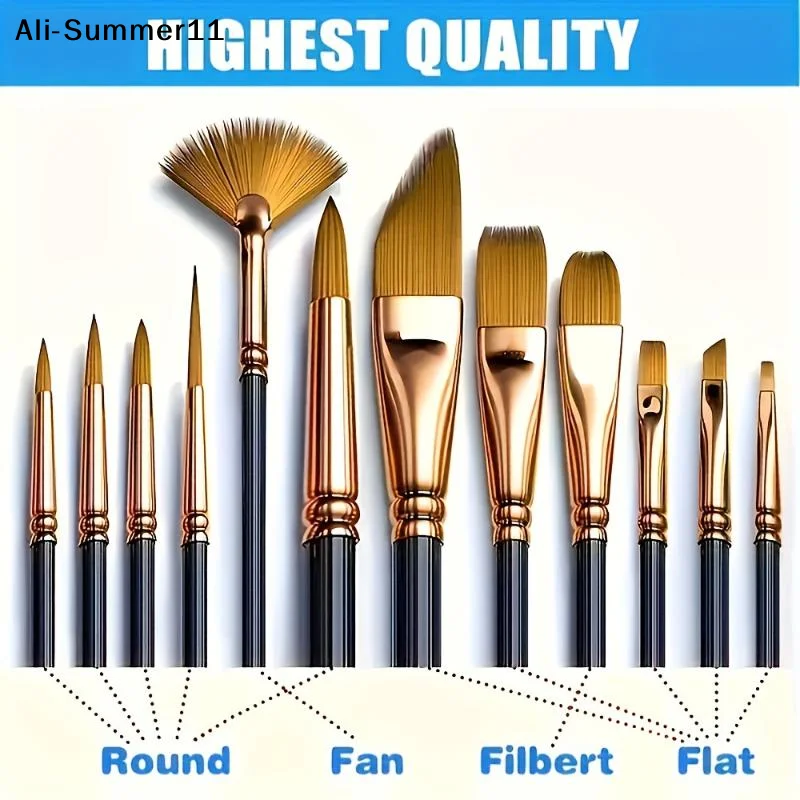 【B11】12-teiliges Nylonborsten-Pinselset, flache Pinsel für Aquarell- und Ölfarben, für Künstler, Amateure und Acrylmalerei, Stoffpinsel