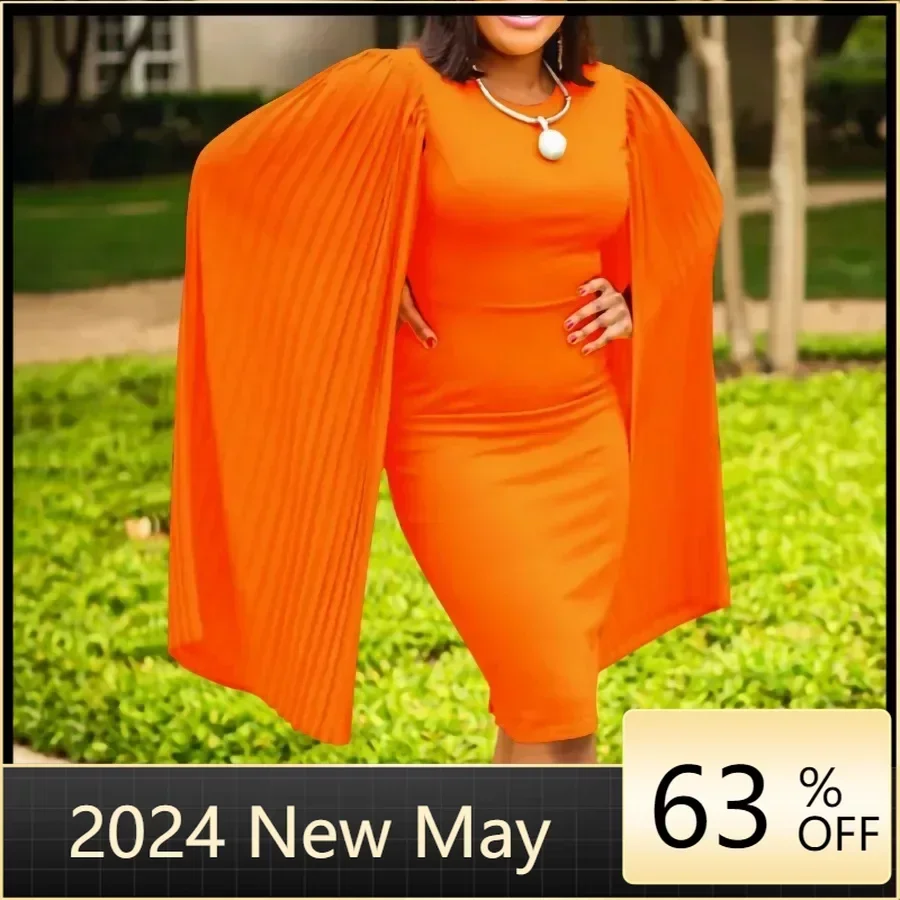 

2024 Polyester African Bodycon Dresses for Women Summer Pleat Sleeve O-neck Party Evening Midi Dress Gowns Africa Clothing