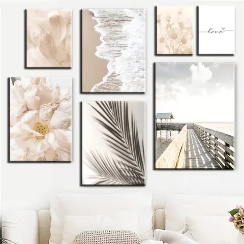 Bilashmart Nordic Wall Art Canvas Home Decor Painting Beige Flower Beach Landscape Picture Bohemia Poster Print Living Room Bedroom Mural