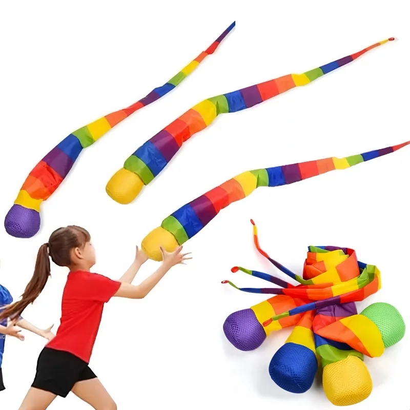 95cm Rainbow Tail Ball Eco-Friendly Fabric Sandbag Meteor Ball Safe Catch Tail Soft Ball School Sensory Training Kid Toy