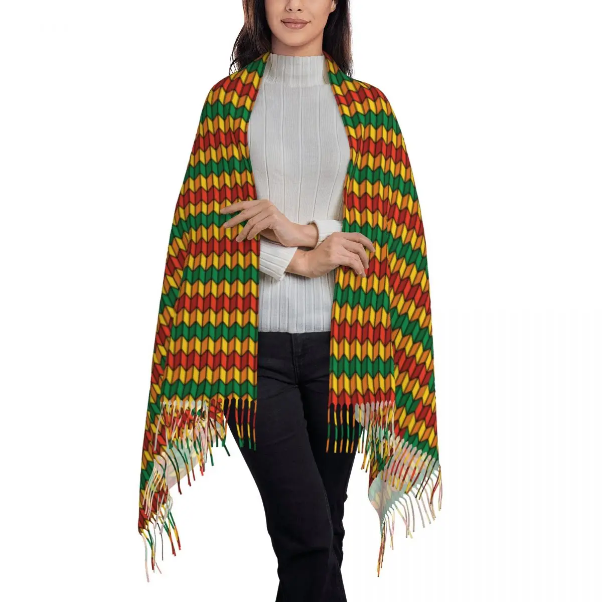 Ethiopian Habesha Art Scarf Wrap for Women Long Winter Warm Tassel Shawl Unisex Scarves