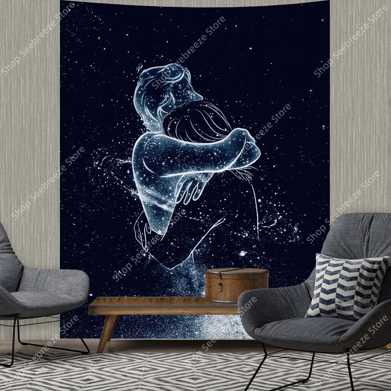 Couple Embrace Tapestry Starry Nebula Wall Art Purple Blue Gradient Galaxy Decor Sci-Fi Lovers Modern Home Decor Gift for Friend
