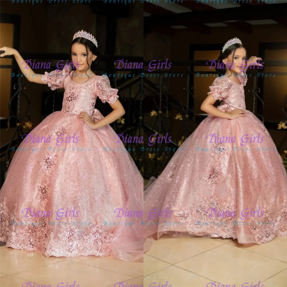 Quality Applique Luxurious Pink Tulle A-Line Fluffy Flower Girl Dress for Kids Wedding Dress Birthday Party Ball Gowns