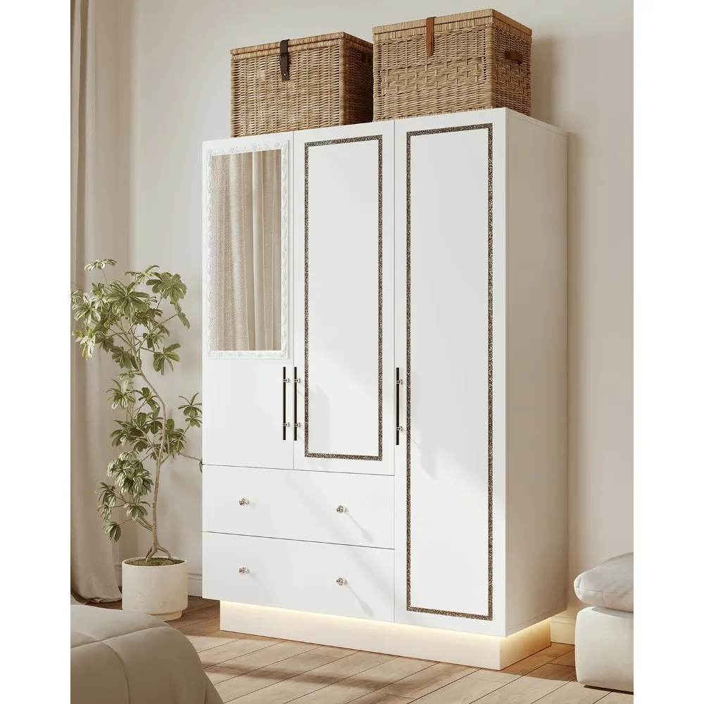 

3 Door Armoire Wardrobe Closet with Mirror and LED Lights, Wooden Wardrobe Closet with Drawers, Modern Storage Cabinet w/ Adjust