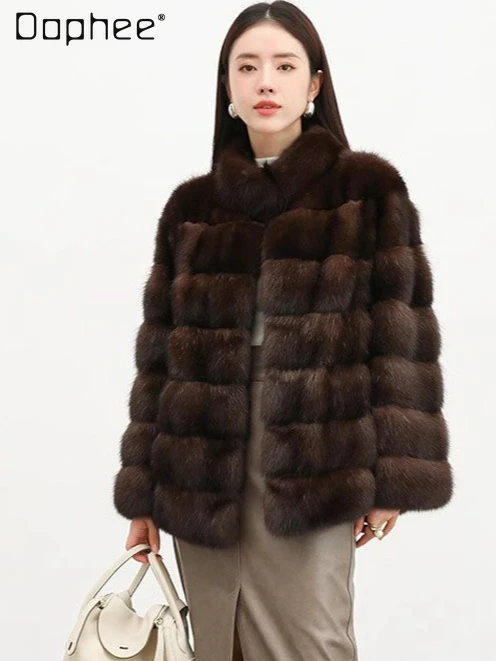 

Purple Sable Fur Coat Short Thickened Stand Collar Plush Warm Eco-friendly Fur Jacket High-end Elegant Socialite Faux Fur Coat