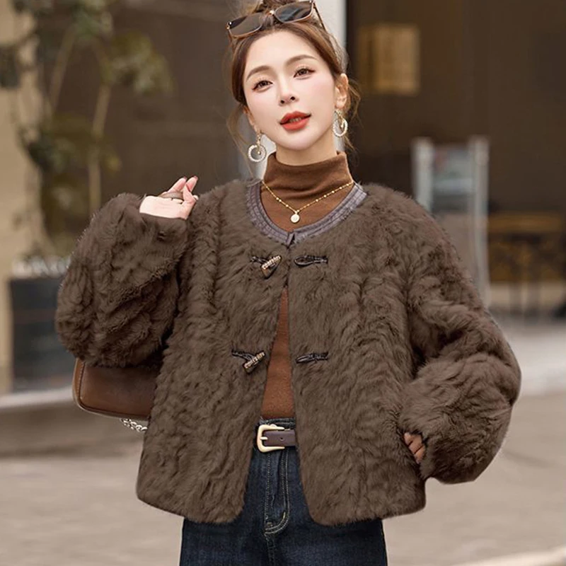 سترة نسائية كورية من فرو الخراف الصناعي لخريف وشتاء بأكمام طويلة معطف دافئ سميك أنيق غير رسمي ملابس خارجية للمكتب للركاب