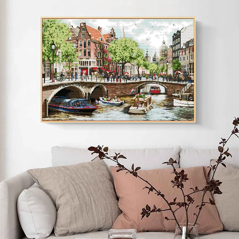 Streets of Amsterdam Scenery Pattern Cross Stitch Set 14CT White 11CT Printed Fabric Needle Thread Set DIY Embroidery Home Decor