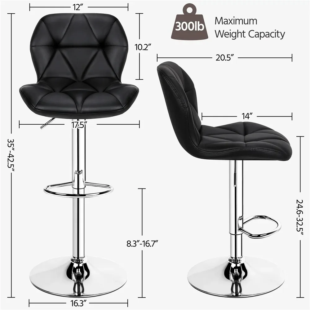 Adjustable Counter-Height Bar Chair Faux Leather Modern Bar Stool, Set of 2, Black