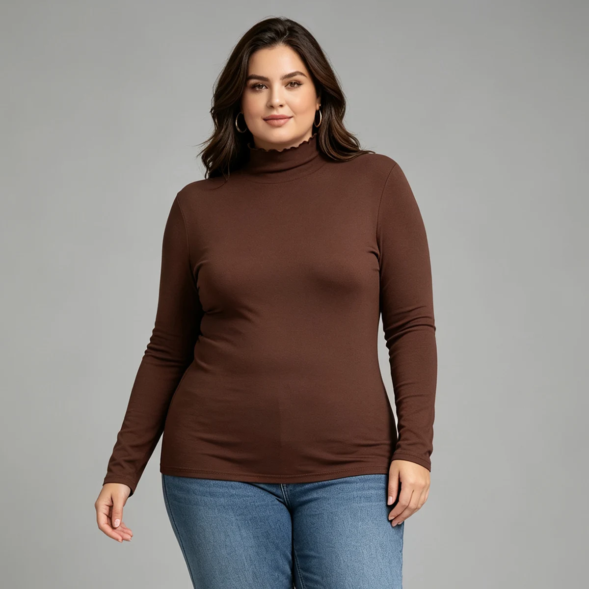 Damen Plus Size Warmes Herbst/Winter Einfarbiges Modisches Rollkragen-Langarmshirt für den Alltag, Sport und Komfort, Schlanke Passform – Detail 10
