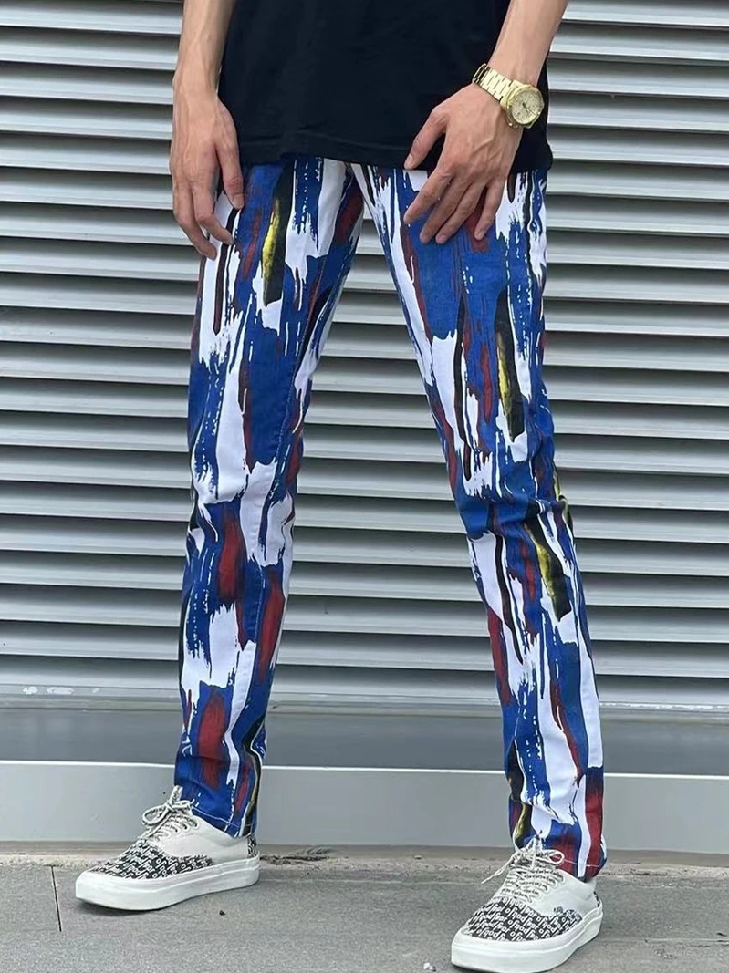 

Casual Straight Leg Slim Fit Jeans Men's Printed Camouflage Denim Pants Elastic Club Painted Long Trousers Youth Faion