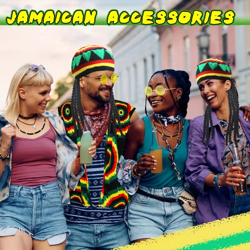 5 pezzi Reggae Costume Gilet Occhiali gialli Dreadlocks intrecciati Parrucca Cappello per donna Uomo Festa in maschera Cosplay Carnevale di Halloween