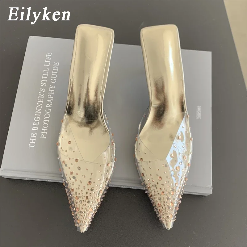 

Eilyken Summer Gold Silver Slipper Women Fashion CRYSTAL Pointed Toe Thin Low Heel Mules Ladies Sandals Pumps