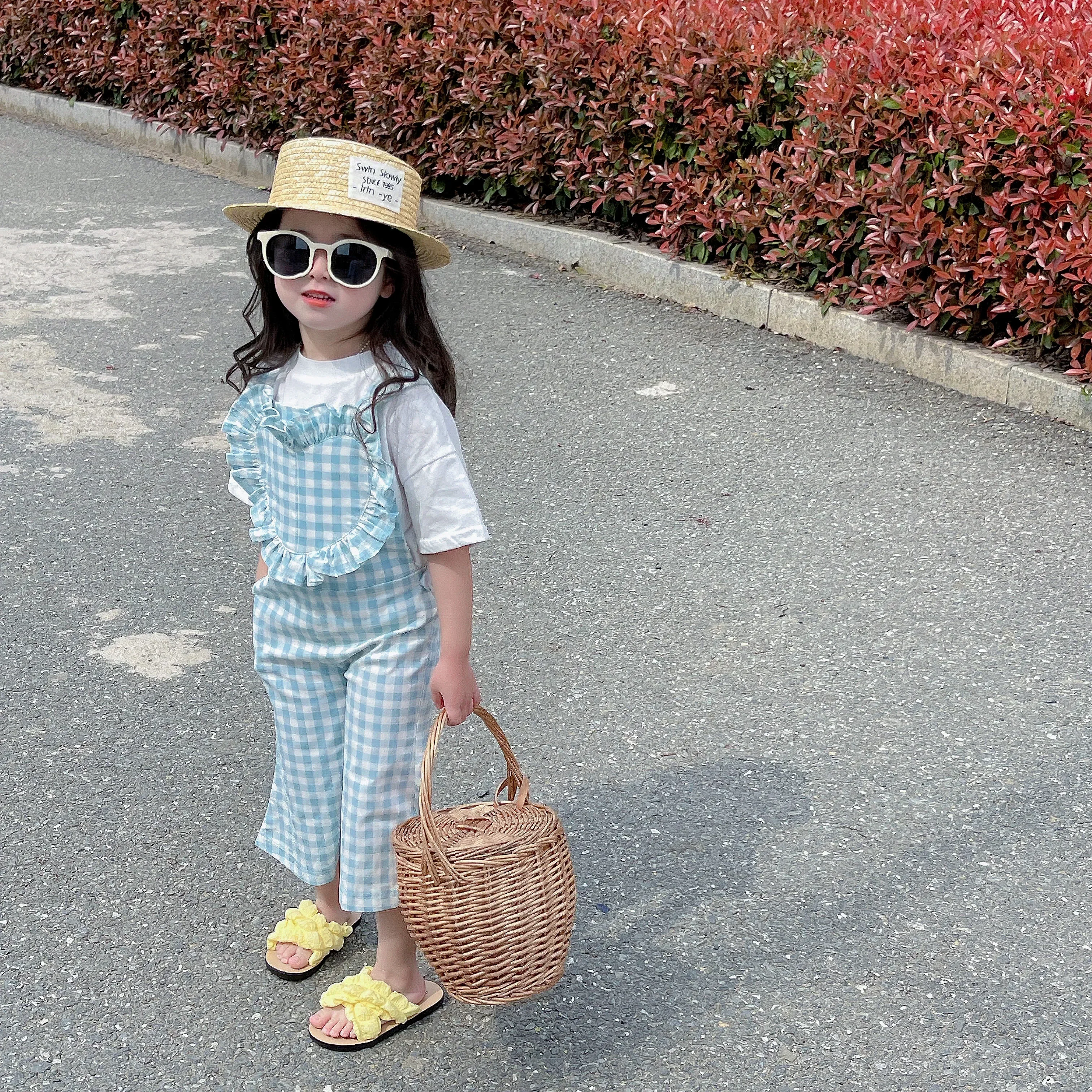 

Children One Piece Clothes Flare Check Lace Heart Patch Ruffle 1-6Y Summer Girls Jumpsuit Baby Overall Kids Jumpsuit