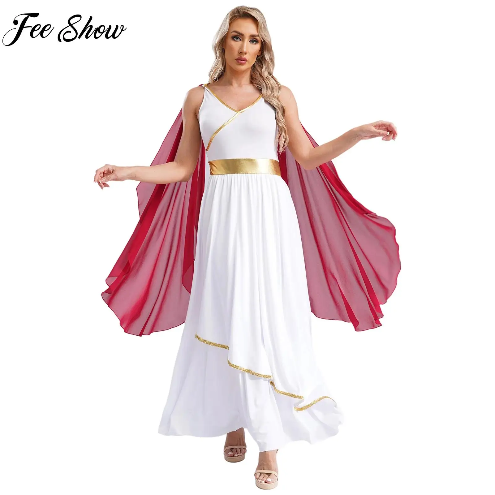 Adult Women Modern Dance Ancient Greek Beauty Dress Sleeveless Gold Greece Roman Queen for Christmas Cosplay Halloween Nightclub