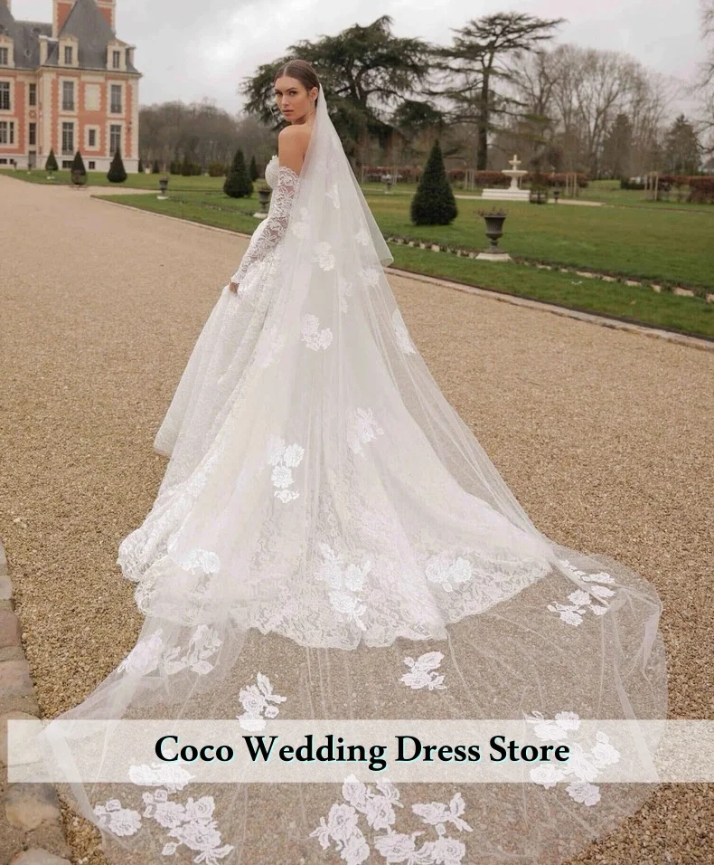 فستان زفاف أنيق مخصص من الدانتيل مثير بدون حمالات مع أكمام قابلة للفصل فستان زفاف طويل لحفلات الزفاف