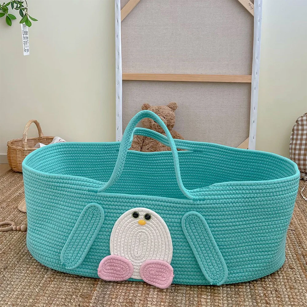 Cotton Rope Woven Baby Moses Basket With Handle Baby Diaper Changing Portable Bed Cartoon Penguin Hand Basket