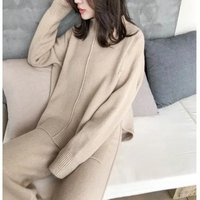 Autumn Winter 2 Piece Set Women Thick Knitted Warm O-Neck Knit Pullovers Long Sleeve Tops Side Slit Casual Warm Pant Sets