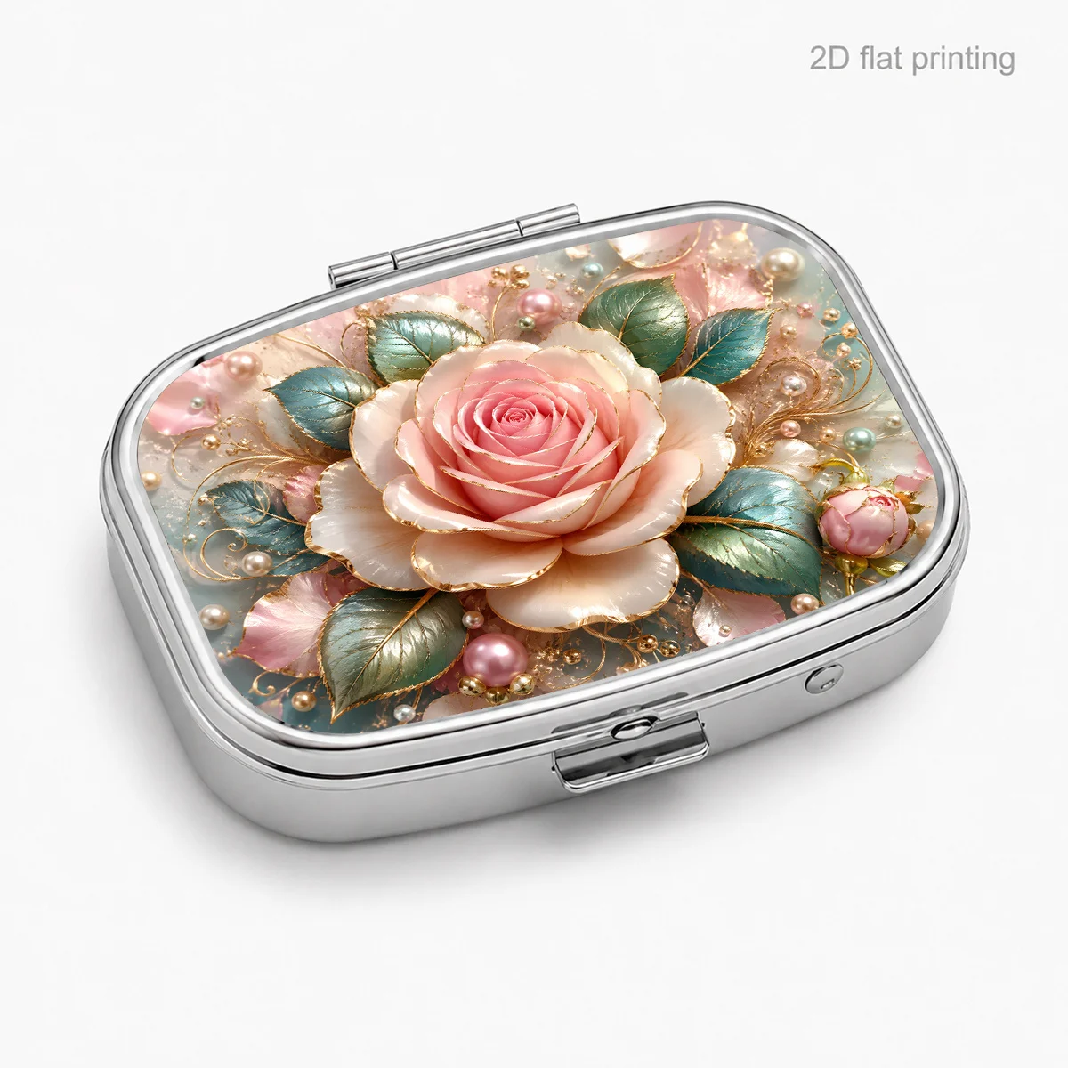 Single piece, two-dimensional flat print, pink-gold rose pearl color, flat and elongated three-compartment portable pill box. Mini compartmentalized design, sealed and moisture-proof pill storage box, lightweight and portable, suitable for girls, a great gift choice, two-dimensional flat model