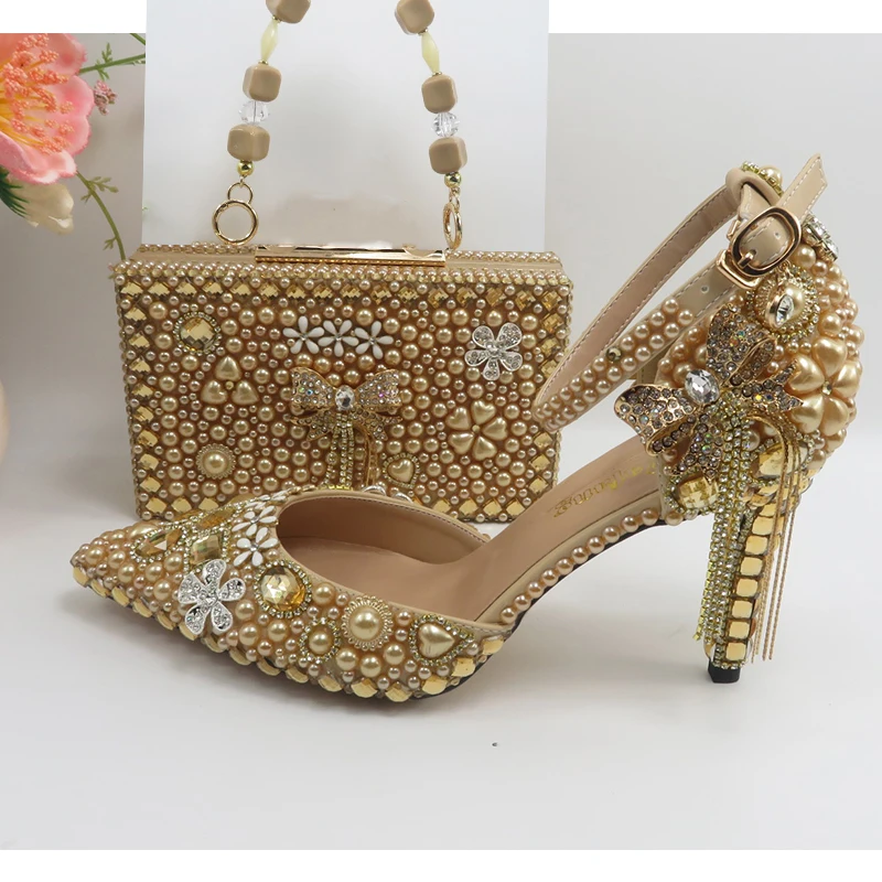 BaoYaFang Champagne Gold Crystal Bridal wedding shoes and Bag Pointed Toe Female Party Shoes Fashion Ankle Strap High Pumps