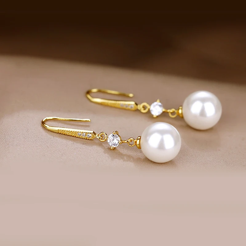 925 فضة إبرة أنيقة اللؤلؤ قلادة أقراط لامعة كريستال رائعة الأذن هوك أقراط للنساء مجوهرات الزفاف