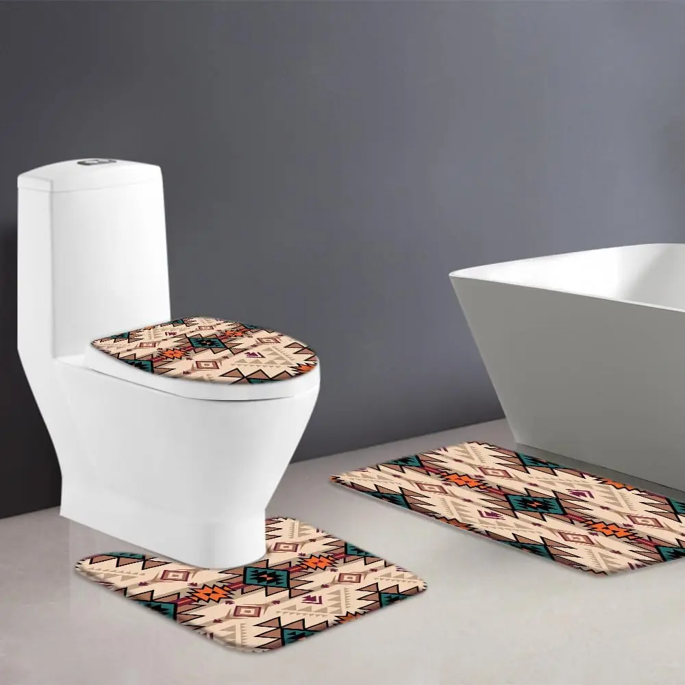 3PCS Aztec Tribal Bath Mat Set, Southwestern Geometric Boho Rug, U-Shape Toilet Cover Vintage Native American Bathroom Decor