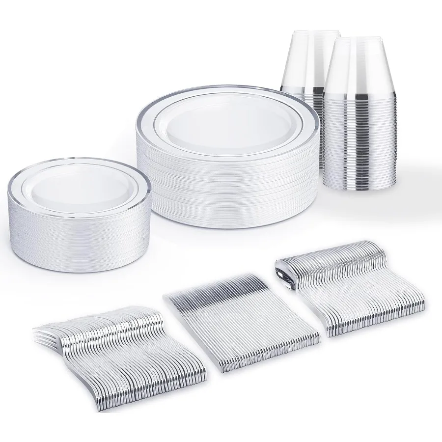 

150 PCS Silver Disposable Dinnerware Set for 25 Guests Including 25 Dinner Plates 25 Salad Plates 25 Cups 25 Forks Knives Spoon