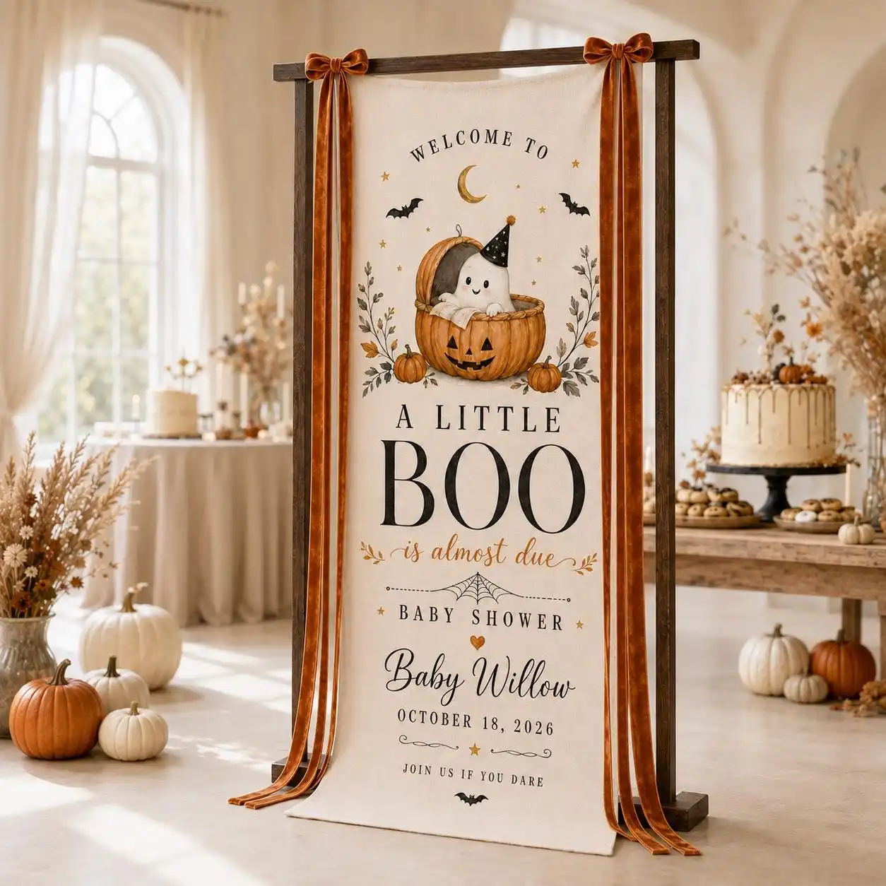 Personalized Little Boo Baby Shower Banner, Custom Name Linen Welcome Sign, Halloween Ghost Pumpkin Tapestry and Party Backdrop