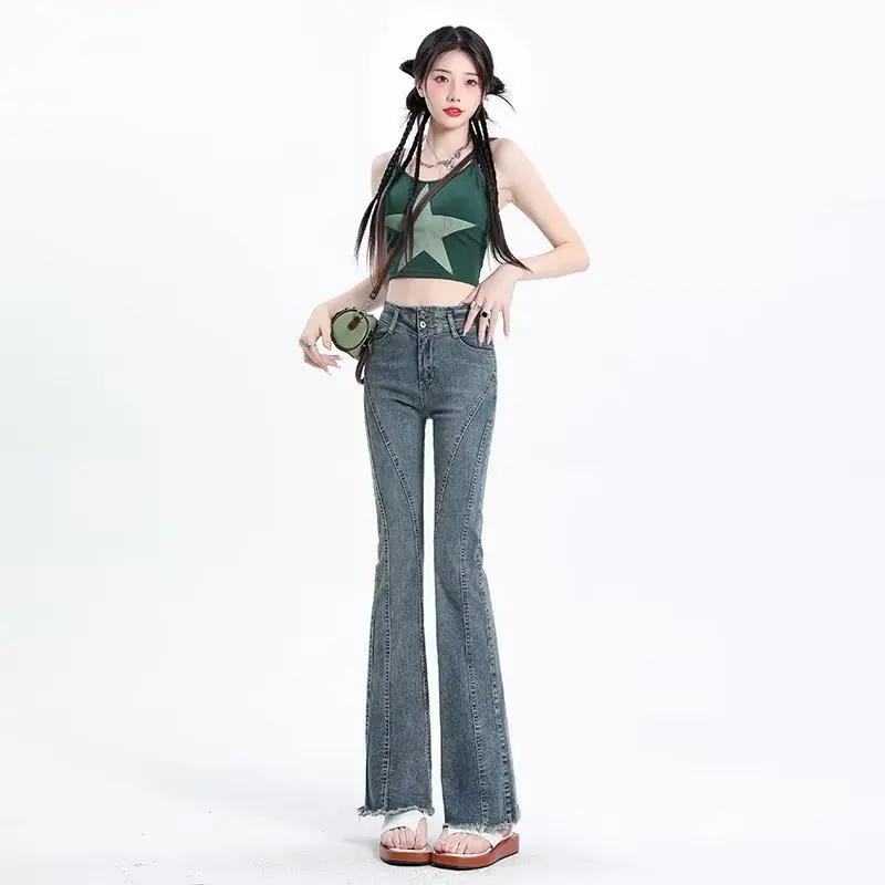 Women Jeans Retro Fit European Style Classic Mopping Trousers Schoolgirl Vitality Pockets Popular High Waist Daily Raw Edge Chic