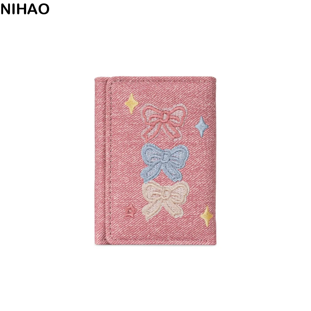 Coin Pouch Portable Embroidered Bow Wallet Embroidery Cute Leather Card Holder Multiple Card PU Leather Short Purse Work