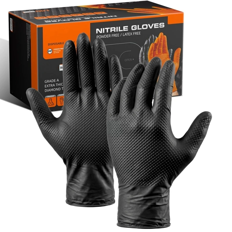 8Mil Black Nitrile Gloves Disposable Heavy Duty Safety & Work Gloves with Diamond Textured for Men Garden Mechanic Construction