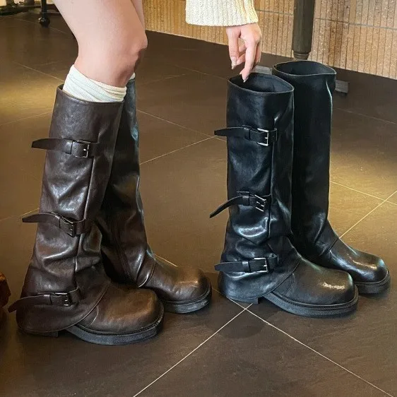 

Medium length leg boots for women in autumn 2025 thick soled pleated pile boots Western cowboy knight boots