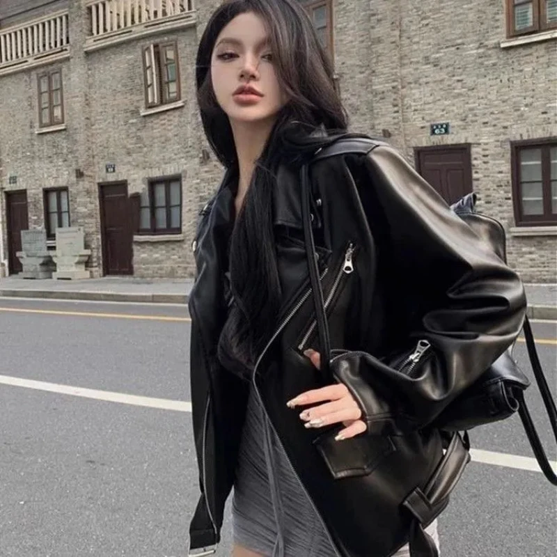 

Autumn Winter Leather Long Sleeved Fashion Lapel Zipper Pu Streetwear Coat Chic Women's Tops Casual Motorcycle Outerwear