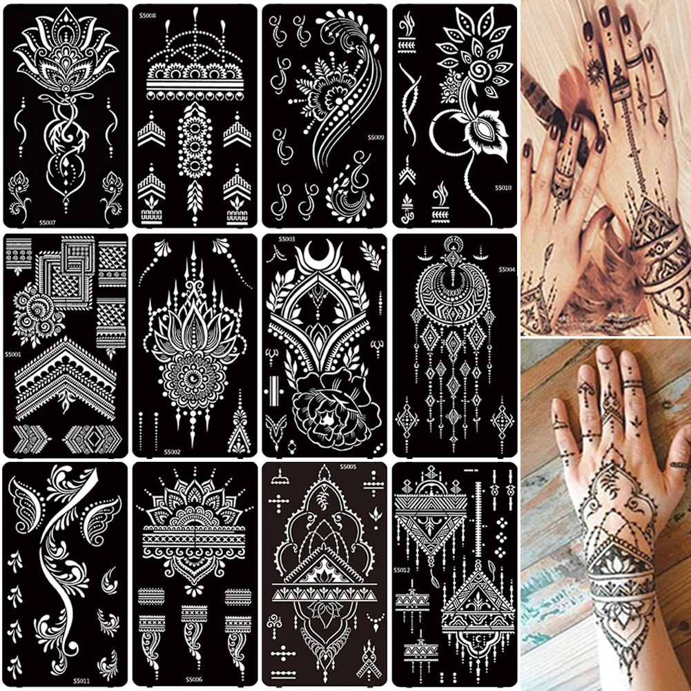 

12 Sheets Henna Stencil Temporary Tattoo Sticker Airbrush India Flower Body Art Template for Wedding Party